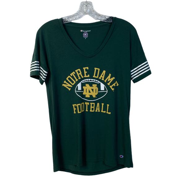 Women's S NOTRE DAME Football V-Neck T-Shirt CHAMPION Short Sleeve Green Gold - Picture 1 of 8